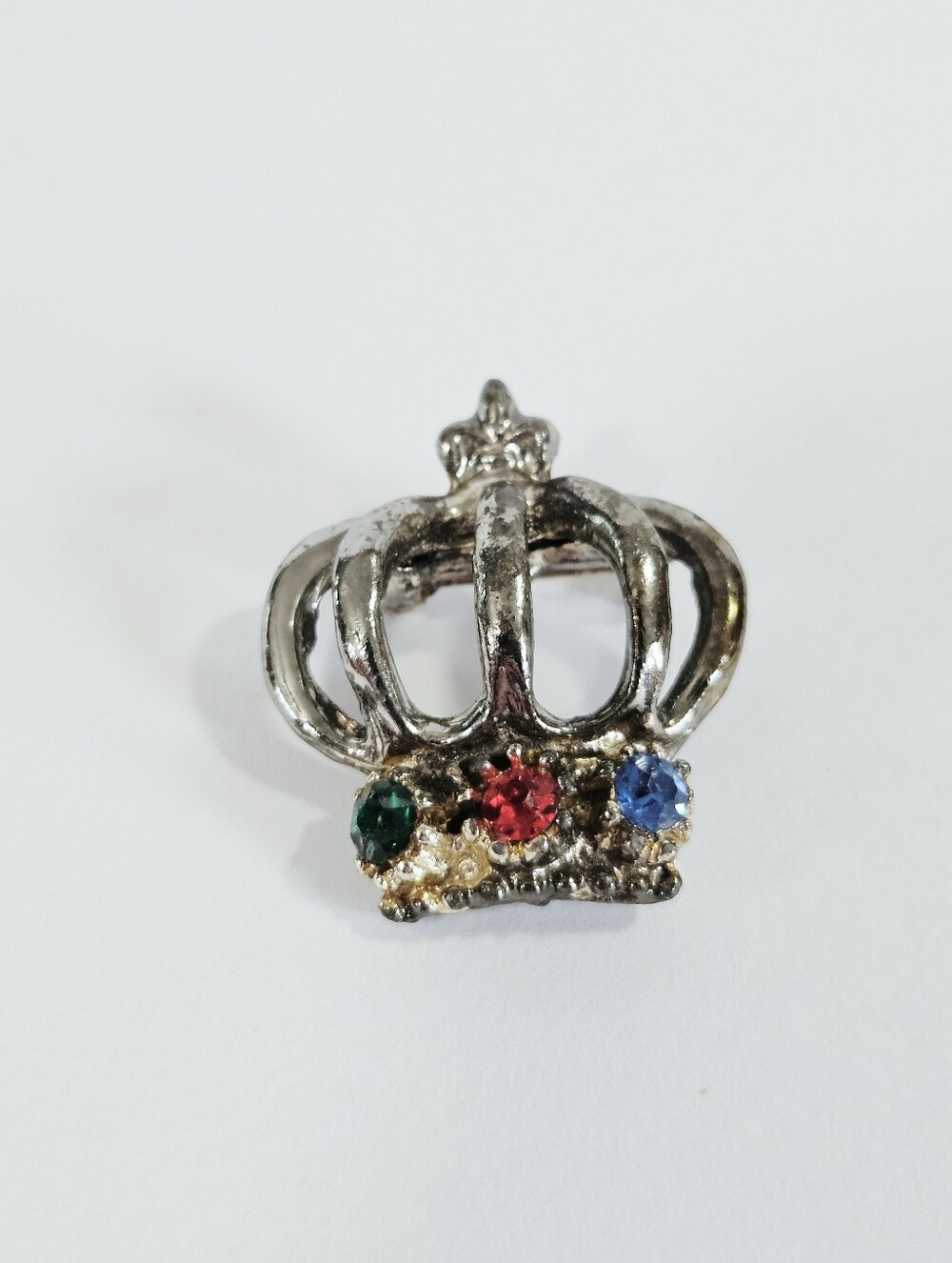 Vintage Silver Tone Jewel Tone Round Rhinestone Accents Crown Shaped Brooch Pin